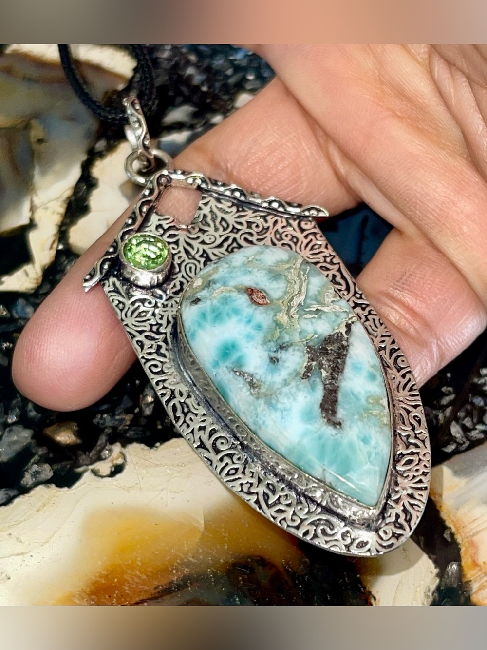 Large Pectolite DR Larimar Crystal Pendant 3 1/4”